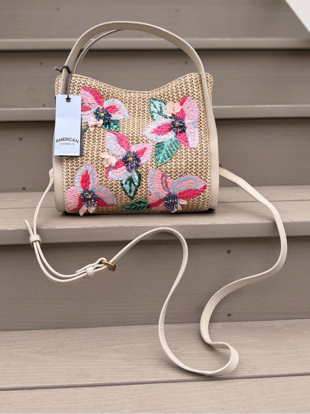 NWT American Leather Co. Floral Embroidered Straw Crossbody Satchel - Picture 5 of 13